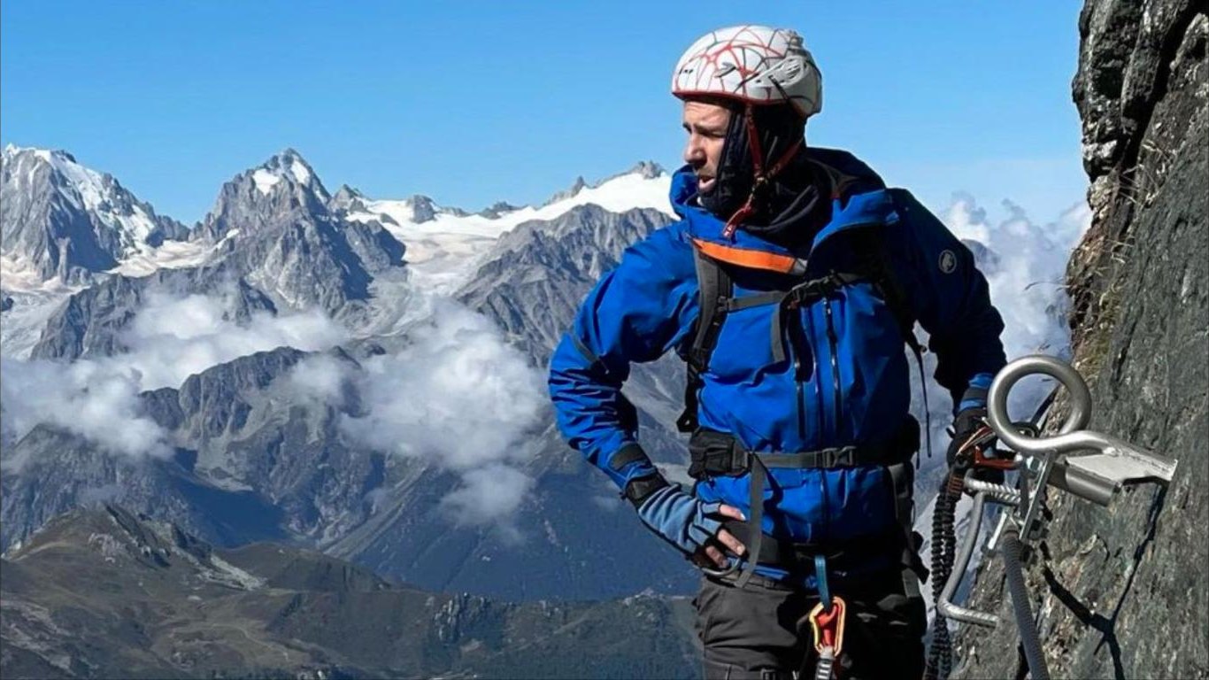 Ryan Pyle on a via ferrata above a glacier
